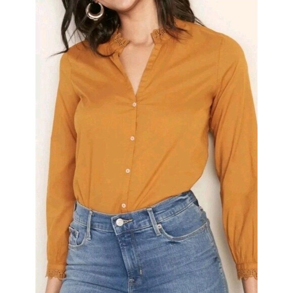 Old Navy Shirt Womens M Honey Brown  Lace Collar Button Up LS Peasant Blouse - Picture 1 of 13